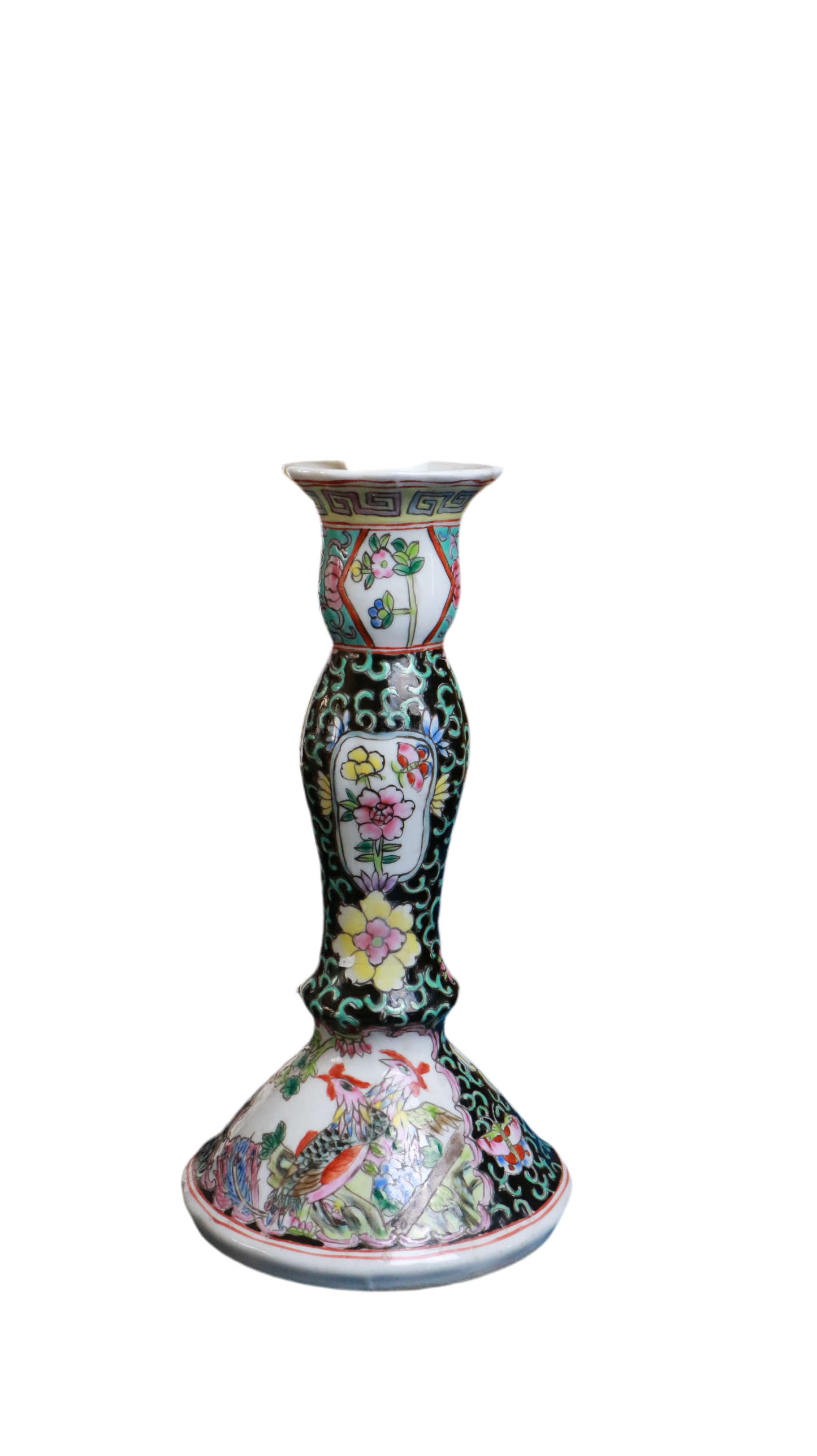 Antique Hand-Painted Porcelain Candlestick Holder – Floral & Bird Motif