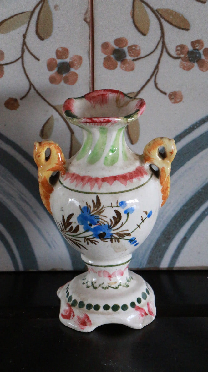Vintage Handpainyed Italian Pottery Vase with Yellow Handles