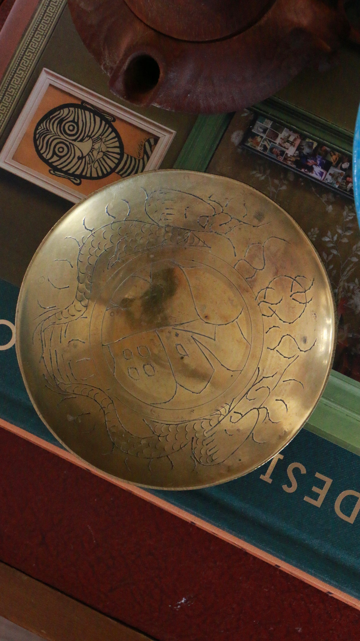 Vintage Chinese Brass Dish with Engraved Fish Motif
