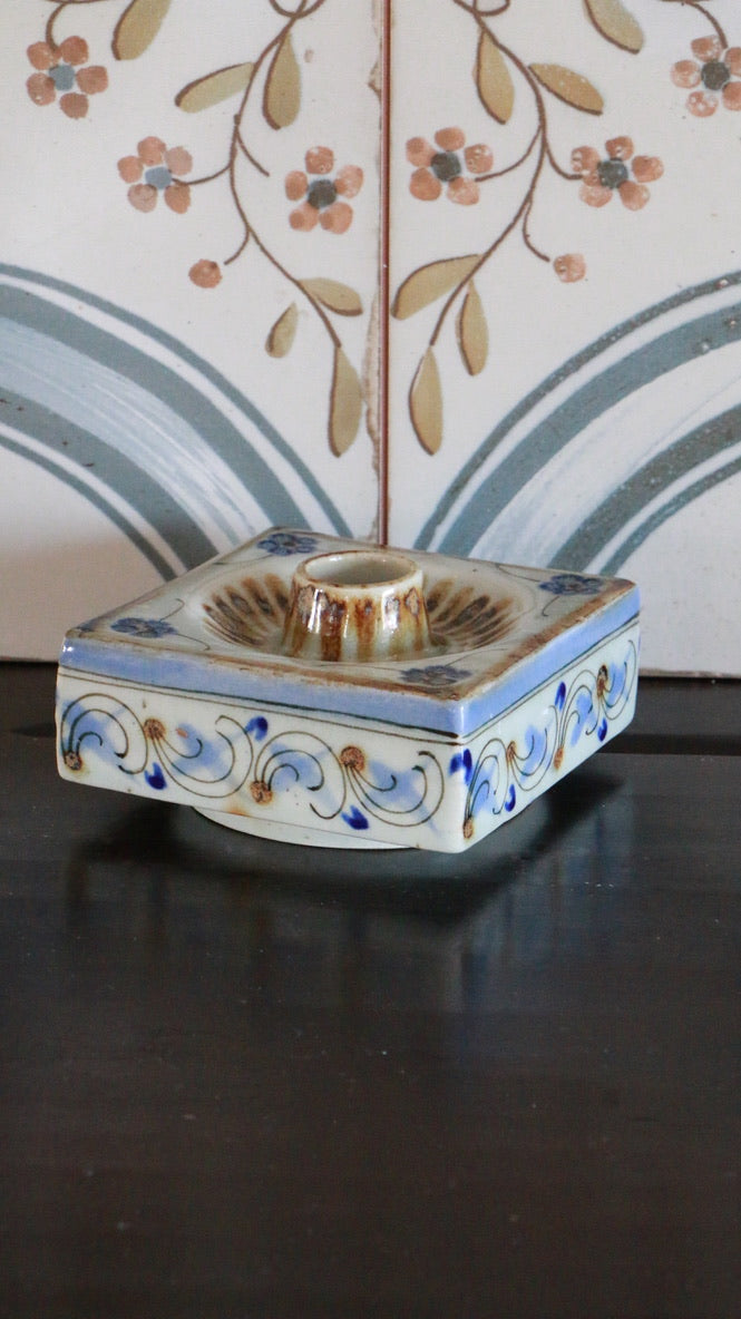 El Palomar Ken Edwards Mexican Pottery Blue Floral Swirls Square Candleholder