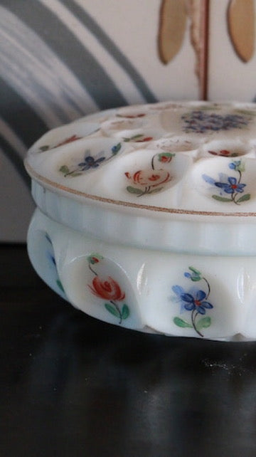 1950s Antique Opaline Jewelry Box with Hand-Painted Floral Motifs