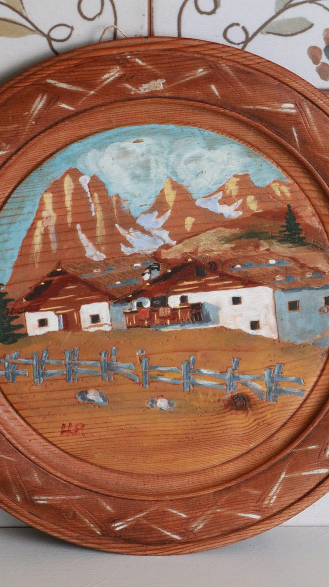 Vintage Hand-Painted Tyrolean Wooden Plate – Rustic Mountain Scene