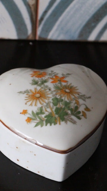 Vintage Heart Shaped Porcelain Trinket Box with Floral Detail on Lid