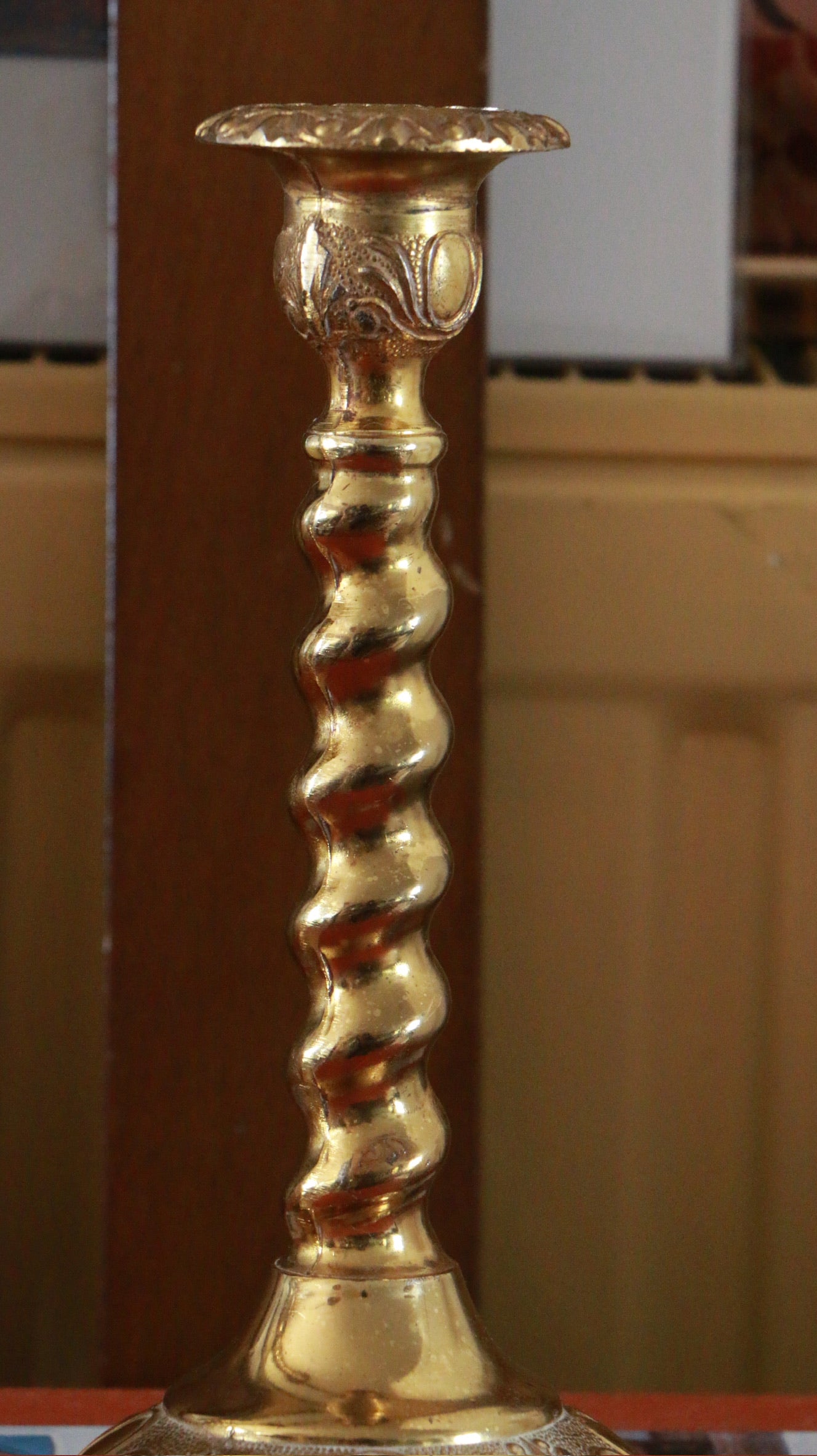 Pair of Vintage Brass Barley Twist Candlesticks – Ornate Embossed Base