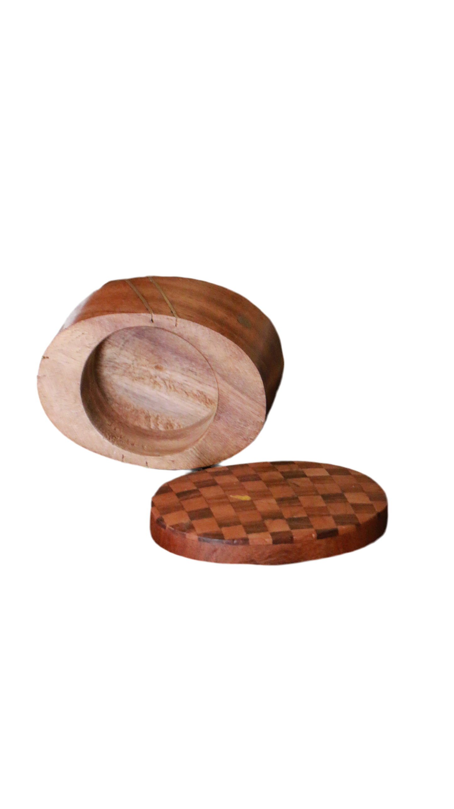 Antique Hand Carved Wooden Trinket Box with Checkered Top and Inlaid Brass