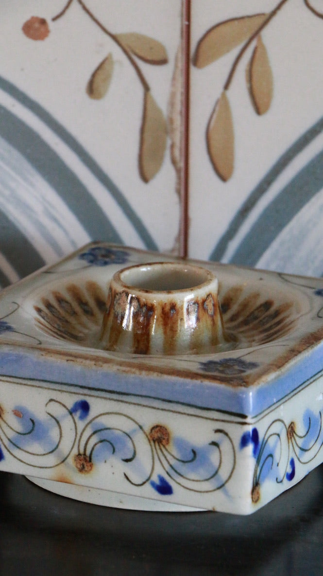 El Palomar Ken Edwards Mexican Pottery Blue Floral Swirls Square Candleholder