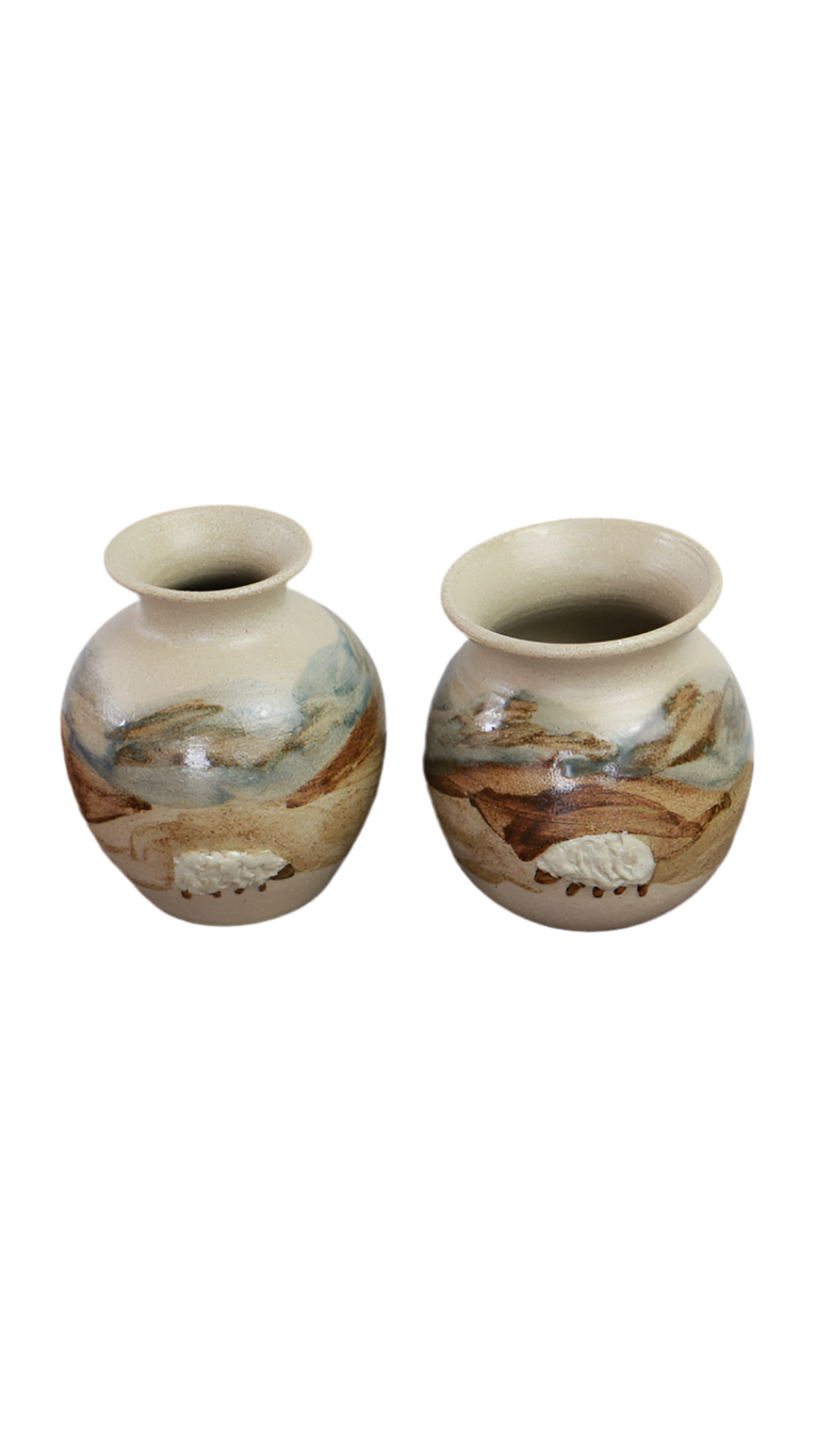 Vintage Arran Pottery Stoneware Vases – “Mountains & Sheep Landscape” (Pair)