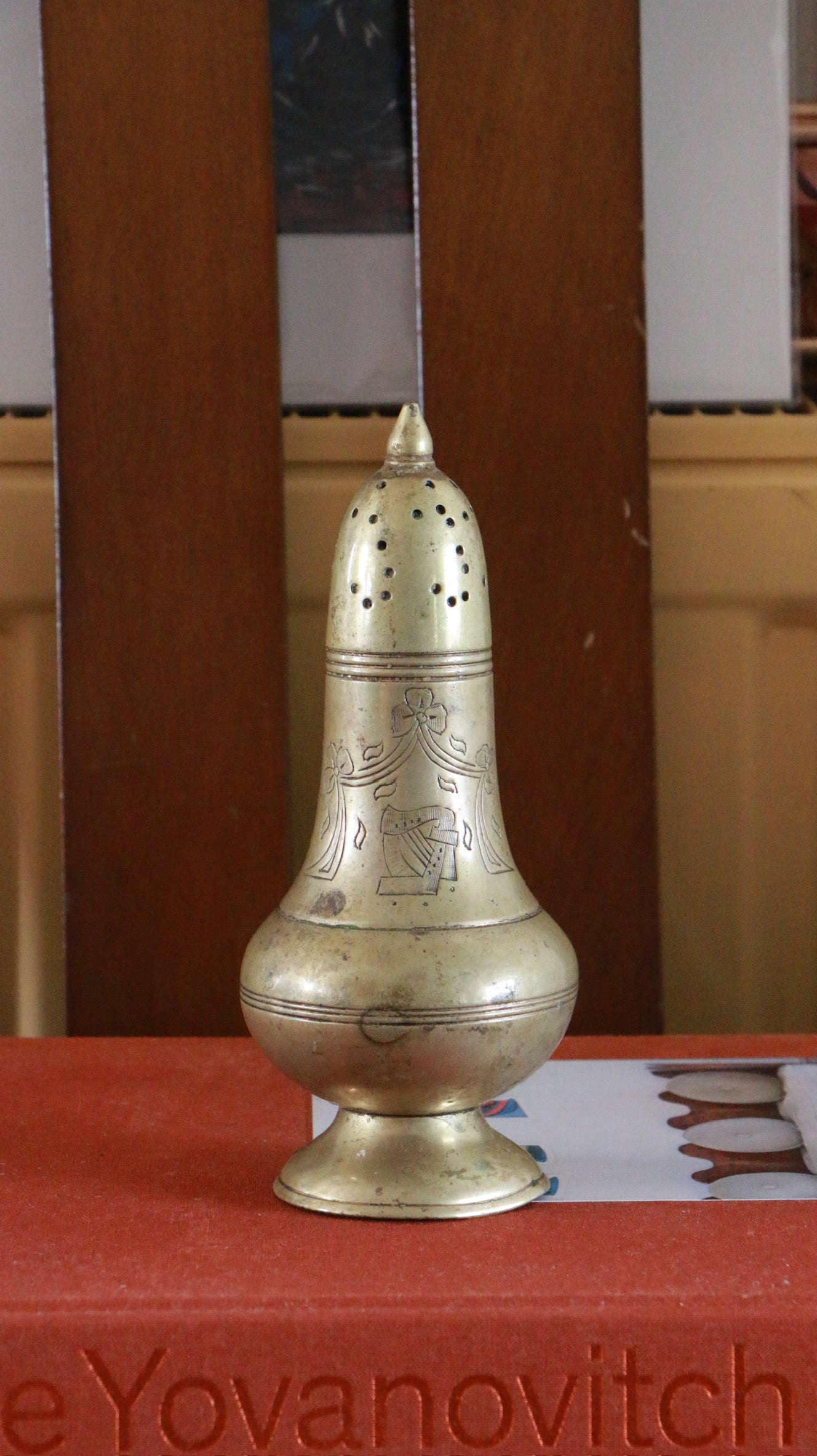 Antique Brass Sugar Caster with Etched Design