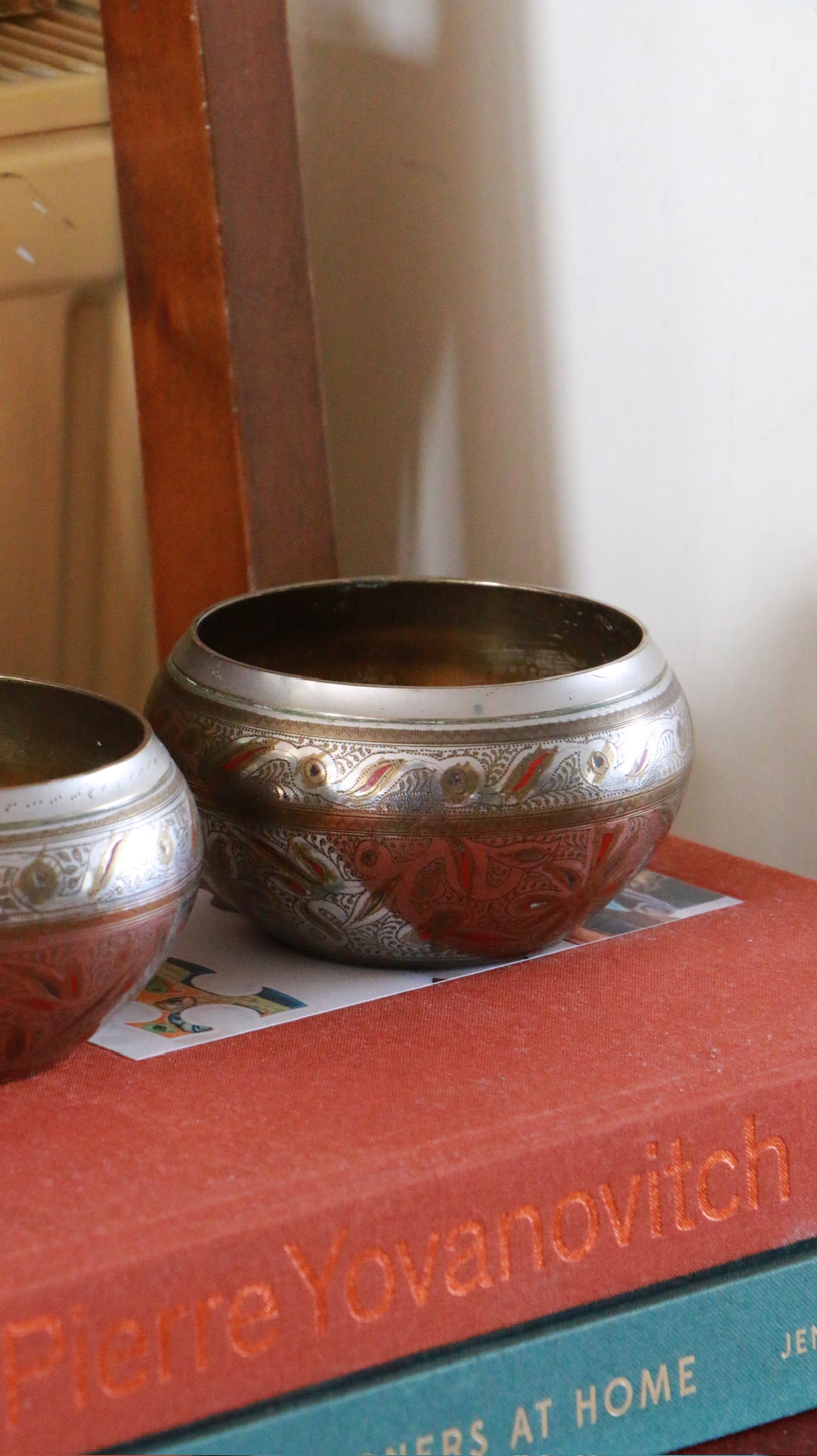 2x Vintage Hand‑Engraved Indian Brass Bowl