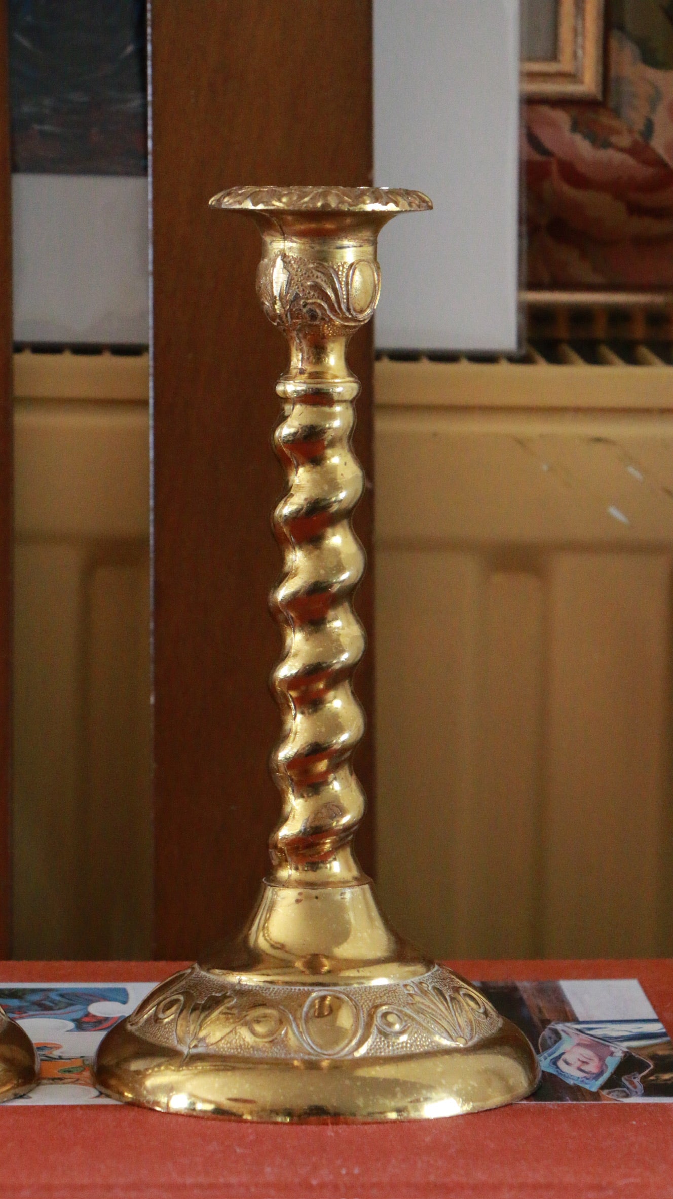 Pair of Vintage Brass Barley Twist Candlesticks – Ornate Embossed Base