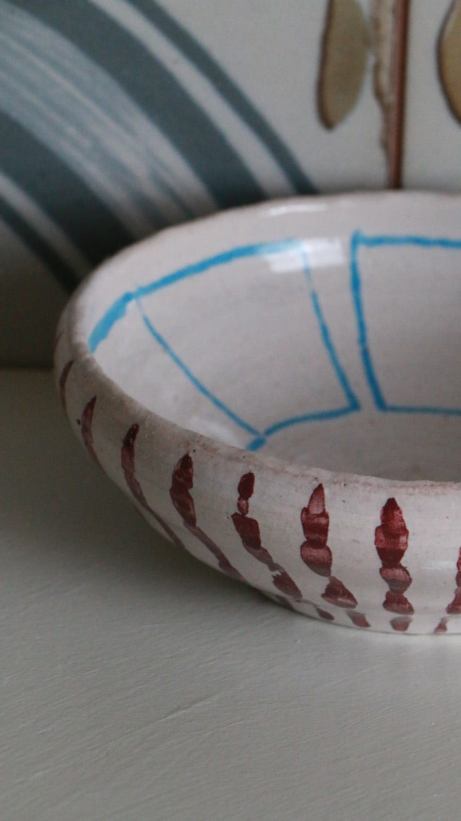 Handmade NB Signed Pottery Bowl with Red and Blue Design