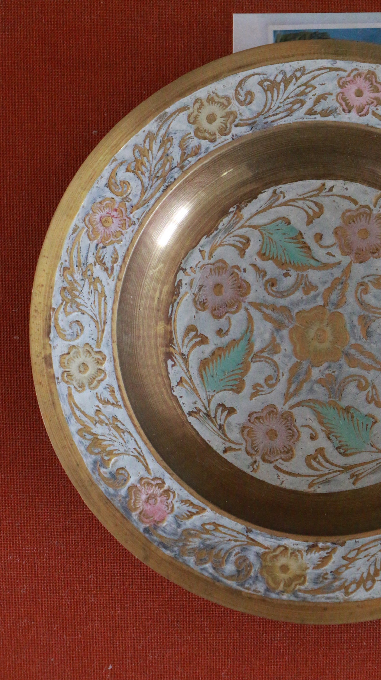 Vintage Indian Hand-Painted Brass Hanging Plate with Floral Motif