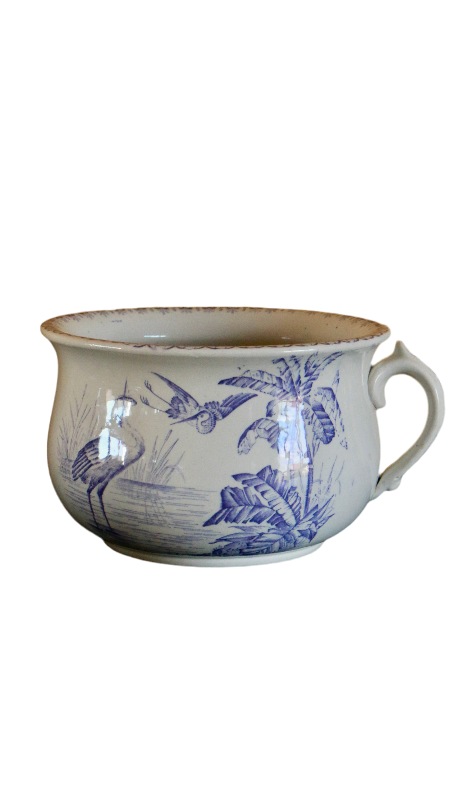 Antique Blue & White Chamber Pot with Bird & Foliage Design