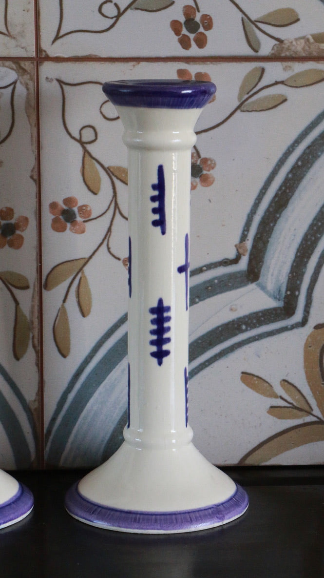 Pair of Vintage Blue and White Ceramic Candle Holders