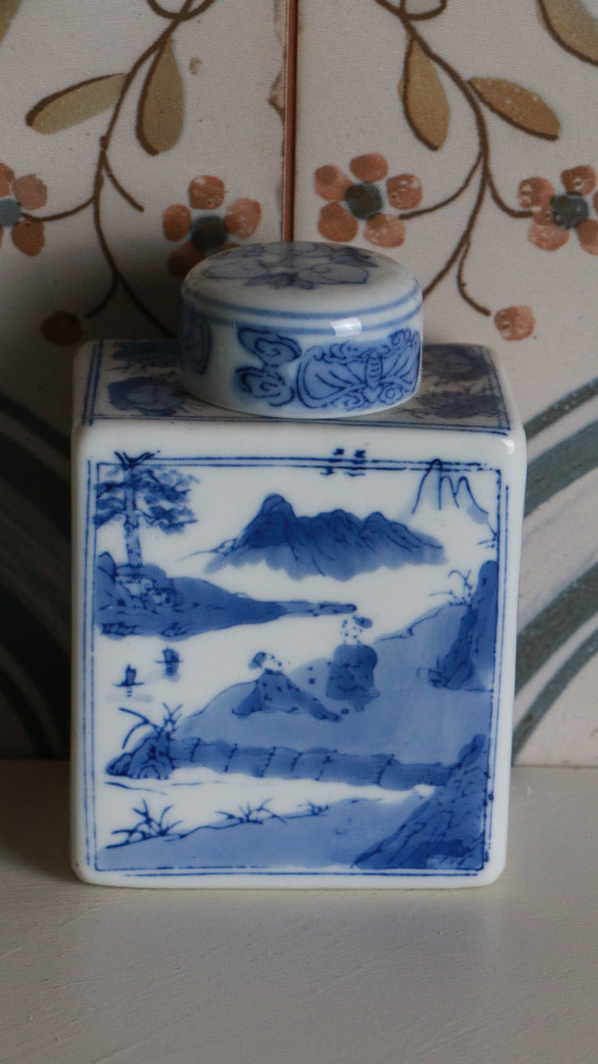 Vintage Chinoiserie Blue and White Ceramic Tea Caddy