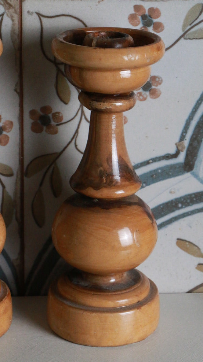 Pair of Vintage Hand-Turned Wooden Candlesticks