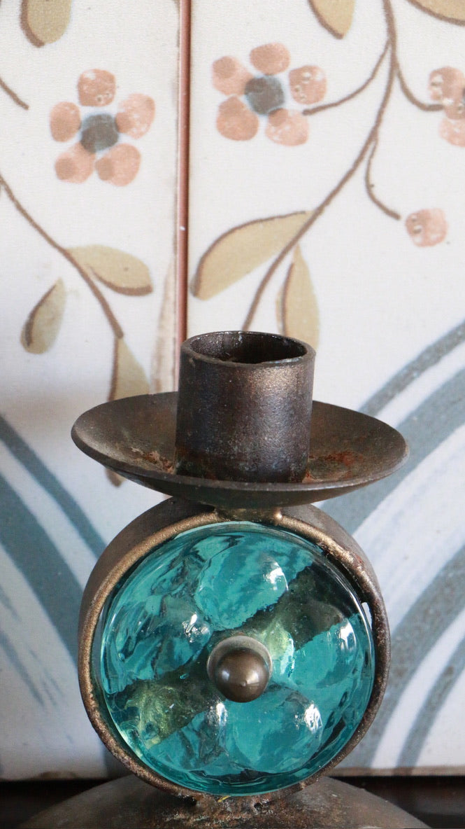 Vintage MCM Bronze Metal with Aqua Glass Candle Holder