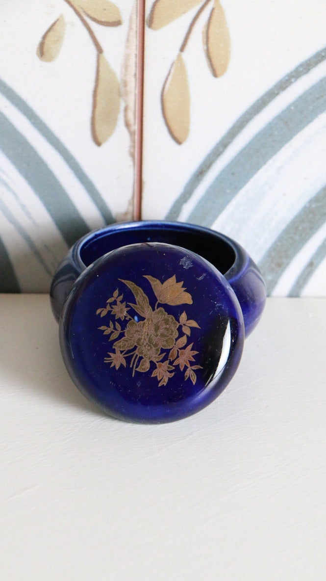 Vintage Cobalt Blue Glass Trinket Box with Gold Floral Detail
