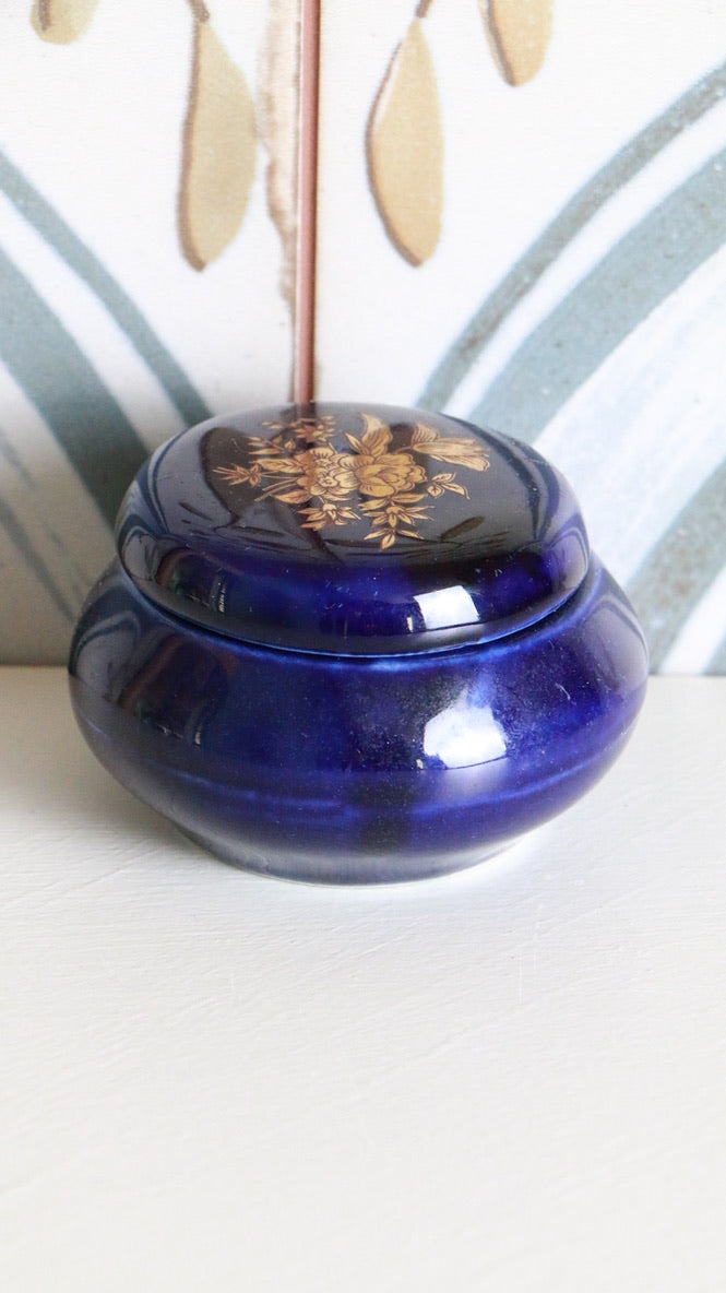 Vintage Cobalt Blue Glass Trinket Box with Gold Floral Detail