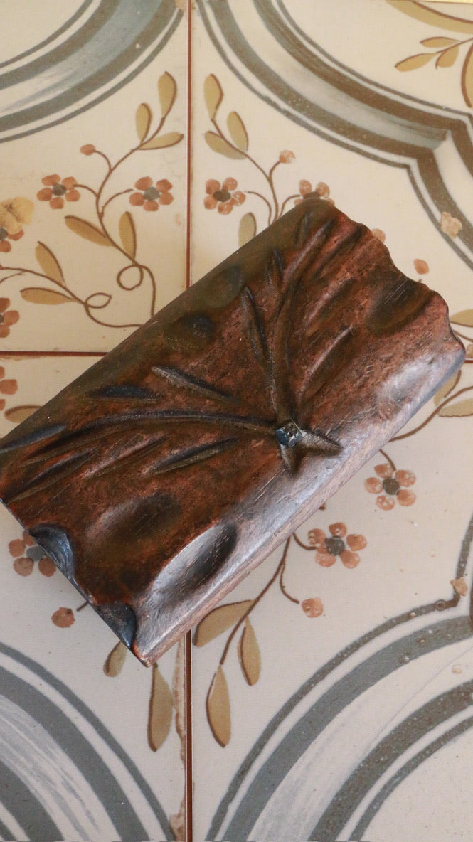 Vintage Hand Carved Wooden Spanish Trinket Box with Olive Branch Motif