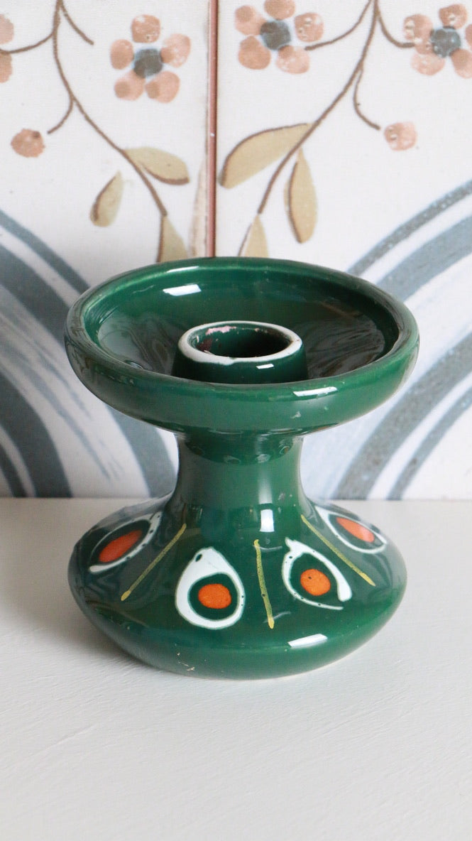 Vintage Italian Green Ceramic Candlestick - Hand Painted 1970s