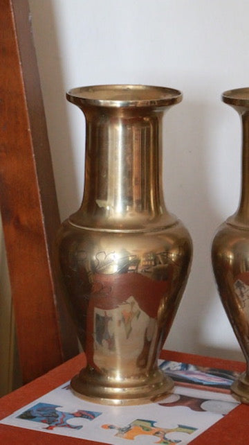 Pair of Vintage Brass Vases with Floral Etching