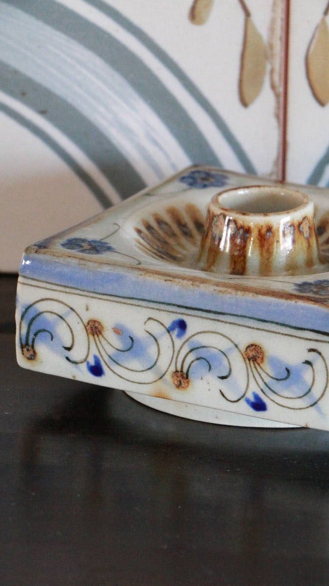 El Palomar Ken Edwards Mexican Pottery Blue Floral Swirls Square Candleholder