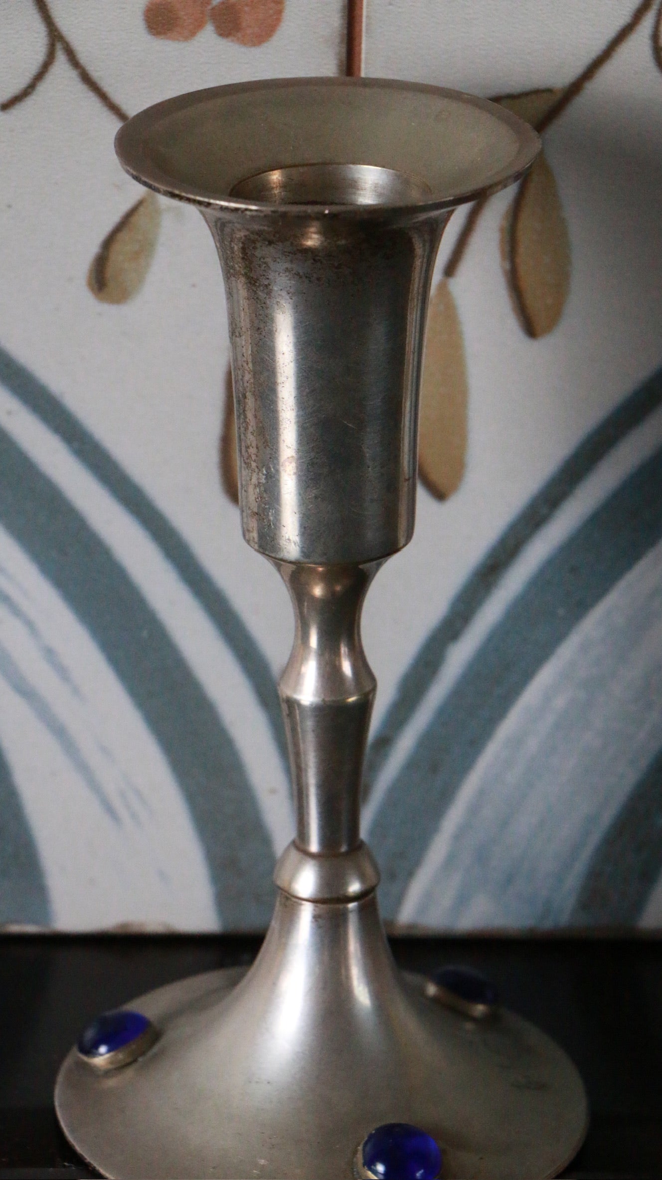 Vintage Silver Plated Candle Holder with Blue Glass Accents