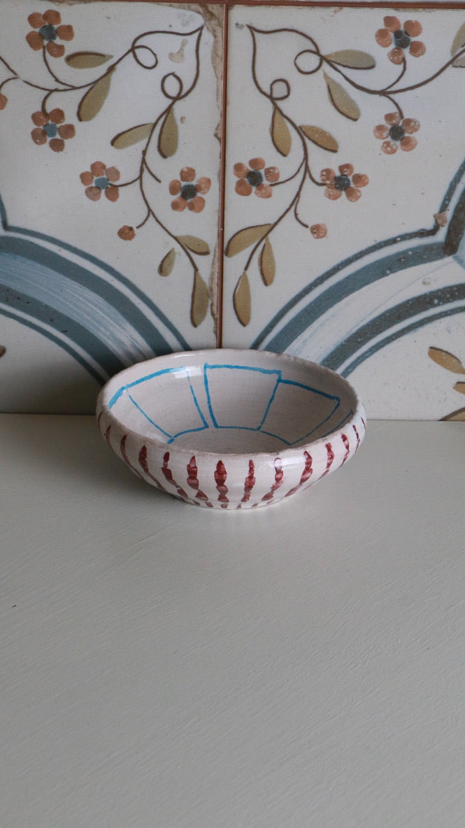 Handmade NB Signed Pottery Bowl with Red and Blue Design