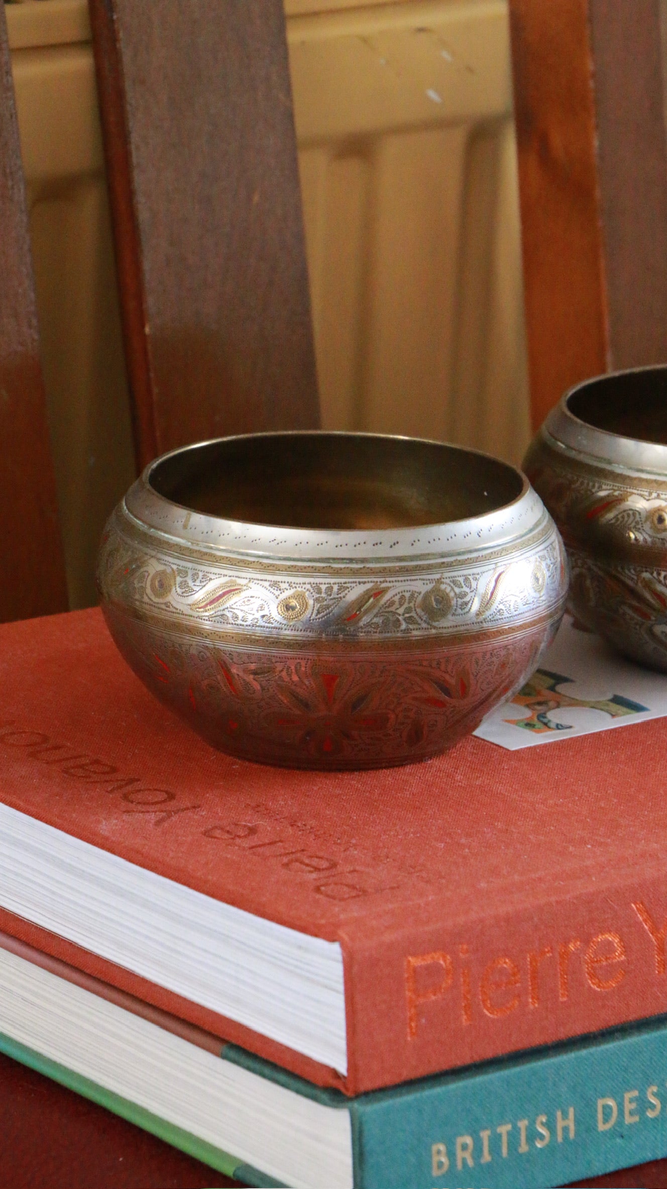 2x Vintage Hand‑Engraved Indian Brass Bowl
