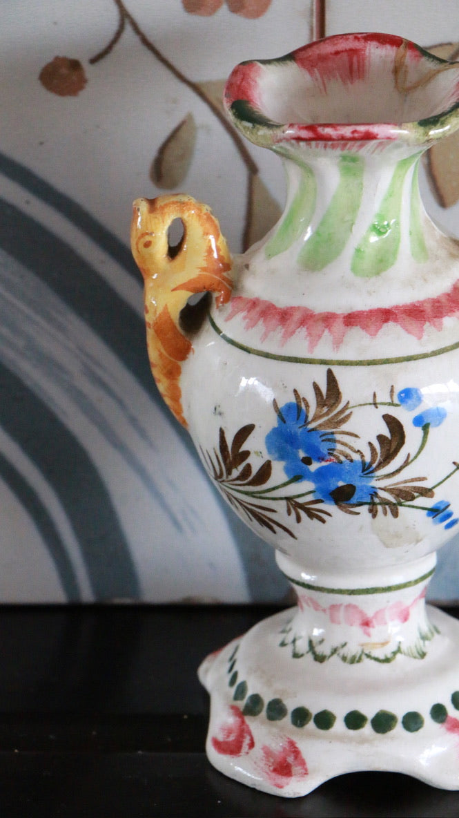 Vintage Handpainyed Italian Pottery Vase with Yellow Handles