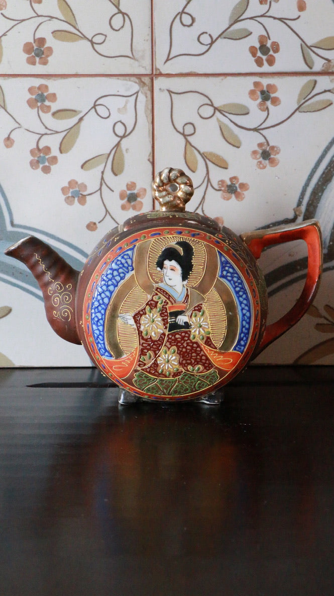 Antique Oriental Hand Painted Satsuma Ceramic Tea Pot
