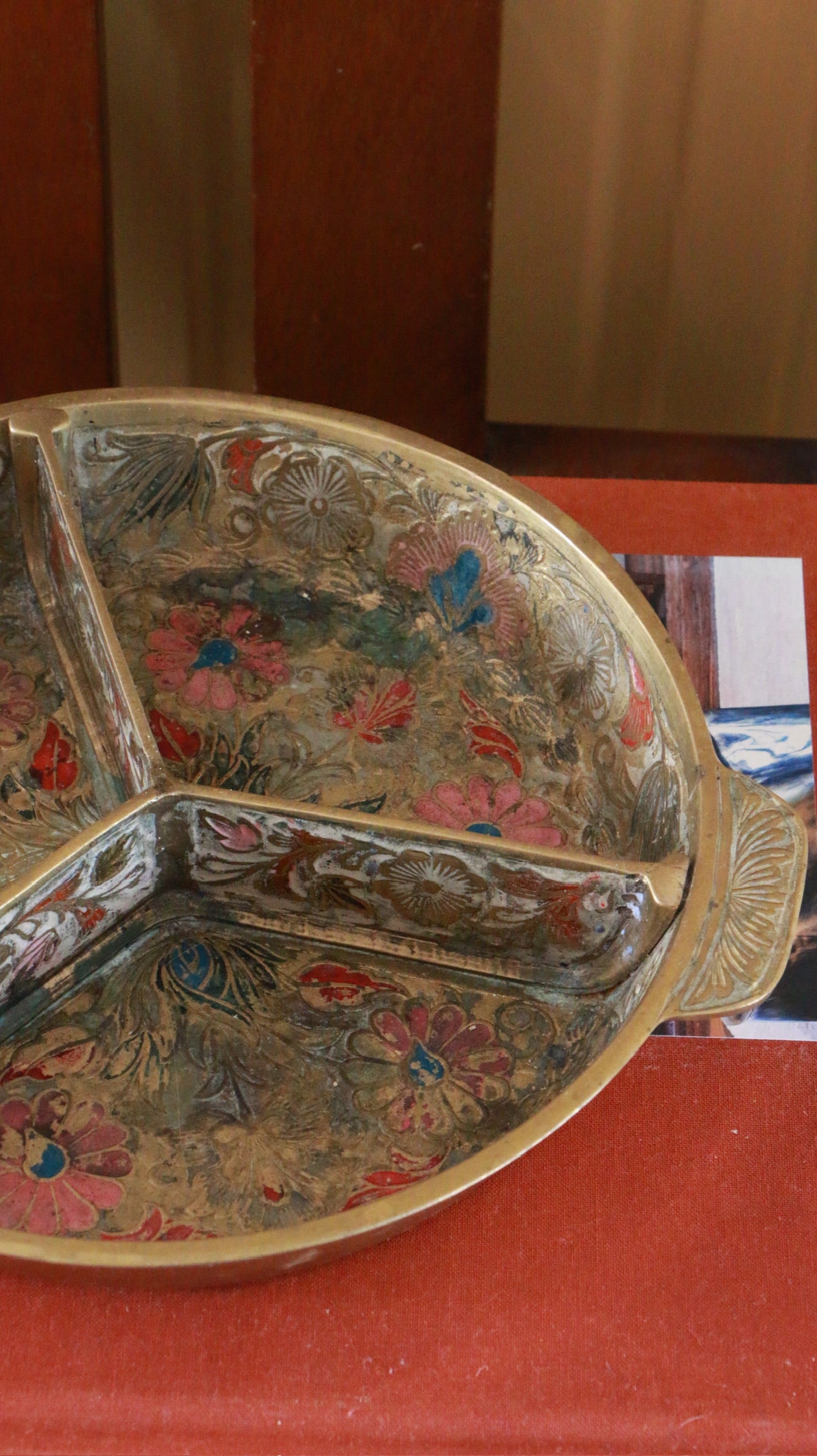 Hand Painted Brass Divided Dish Floral Design