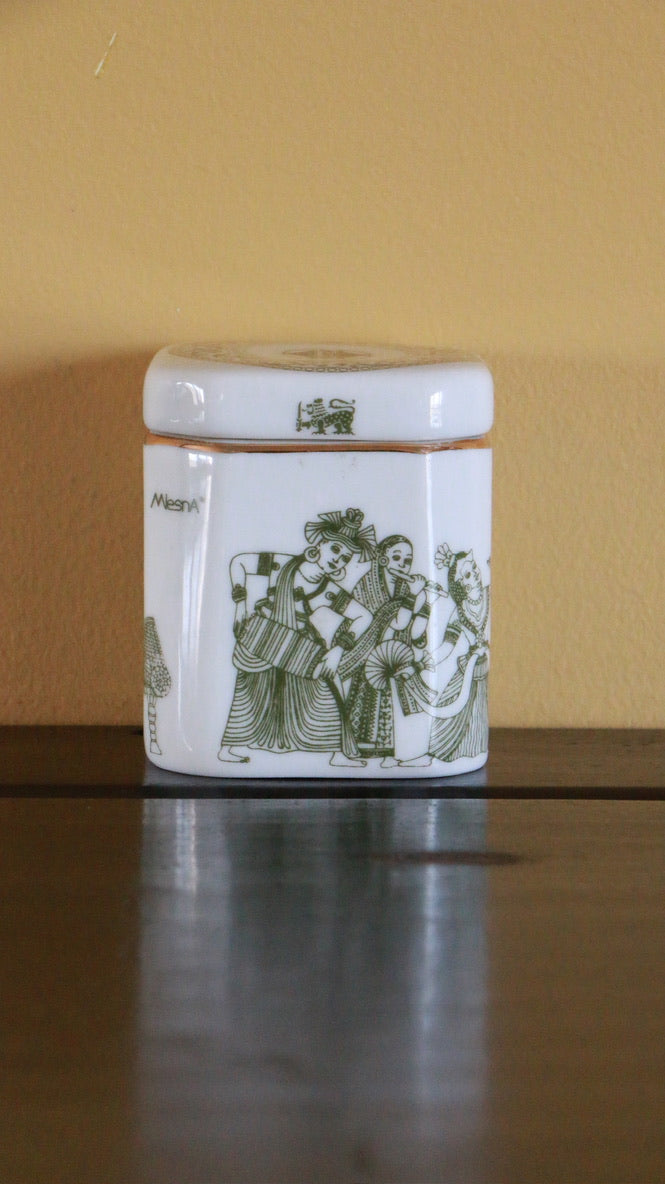 Vintage Mlesna White & Green Porcelain Lidded Pure Ceylon Tea Jar - Sri Lanka