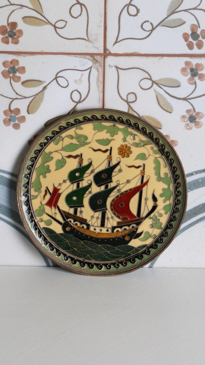Vintage Cloisonné Wall Plate Ship Motif