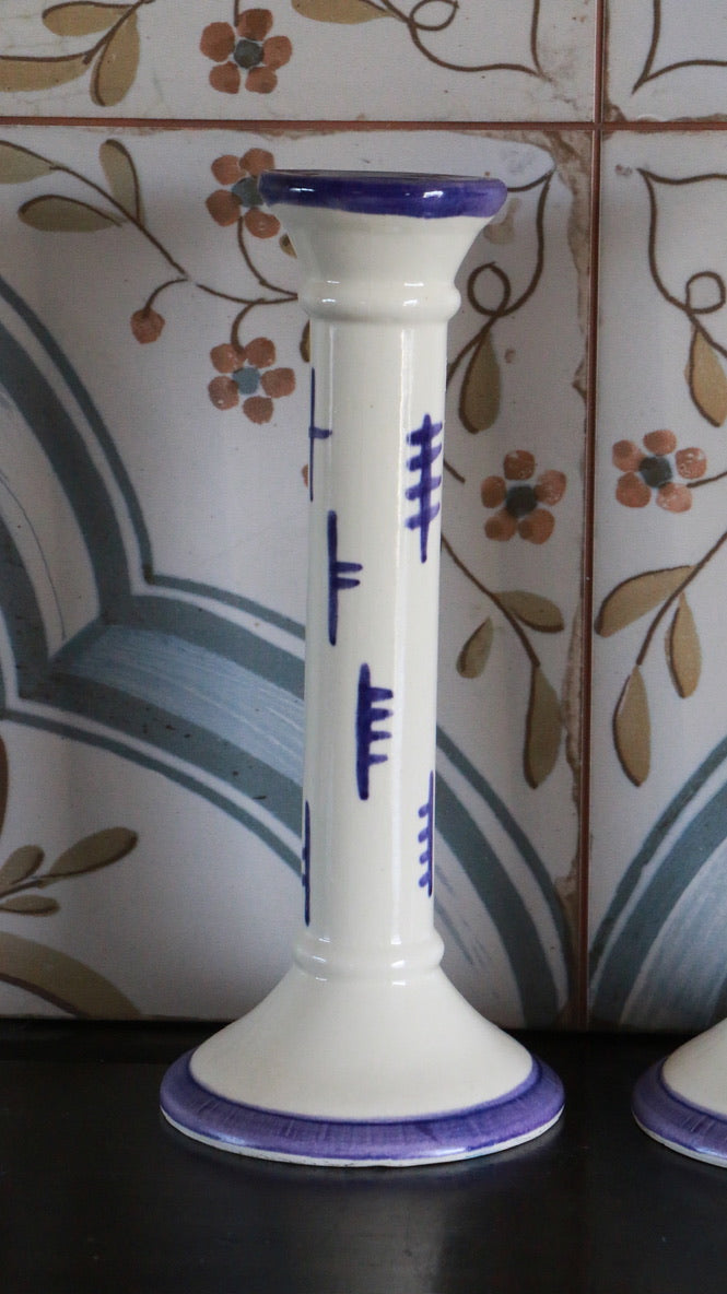 Pair of Vintage Blue and White Ceramic Candle Holders