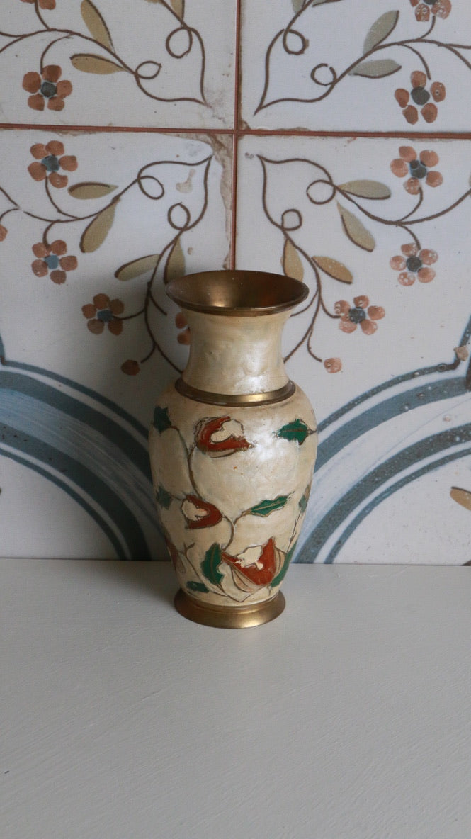 Vintage Brass Vase with Enamel Floral Design