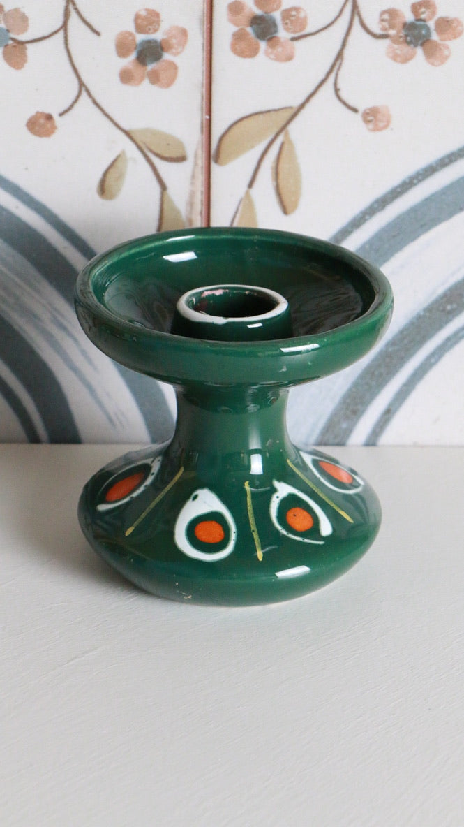 Vintage Italian Green Ceramic Candlestick - Hand Painted 1970s