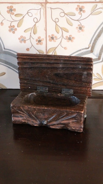 Vintage Hand Carved Wooden Spanish Trinket Box with Olive Branch Motif
