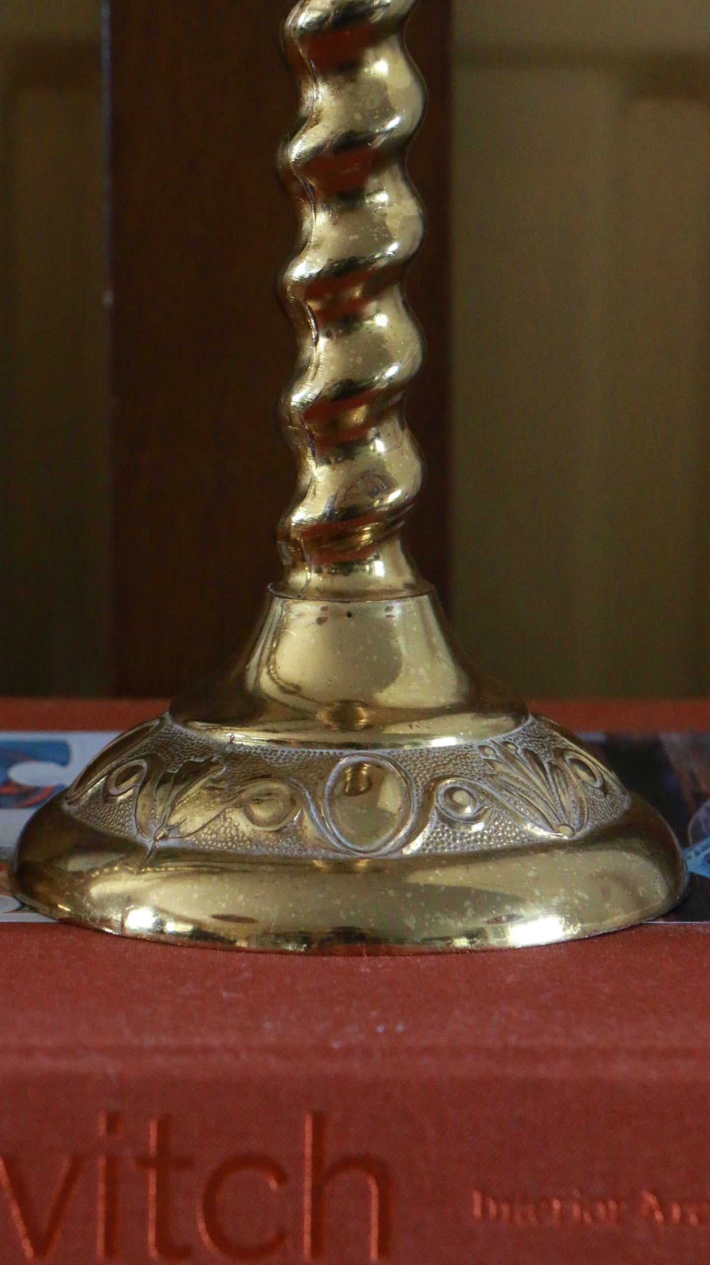 Pair of Vintage Brass Barley Twist Candlesticks – Ornate Embossed Base