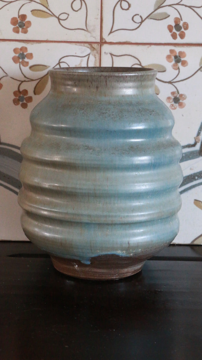 Vintage Light Blue Ribbed Ceramic Vase Priory Hand Made in Ireland