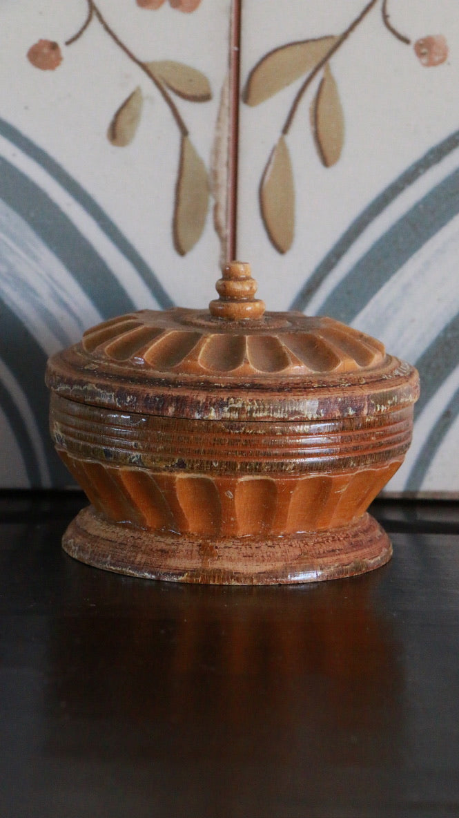 Vintage Wooden Carved Folk Art Trinket Box
