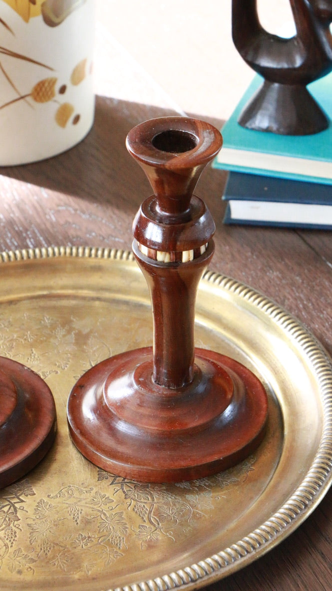 RARE Handcrafted Wooden & Porcupine Quill Inlay Candleholders – Pair