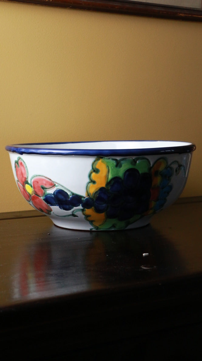 Vintage Hand-Painted Ceramic Bowl Signed "Celina" – Floral & Grape Motif
