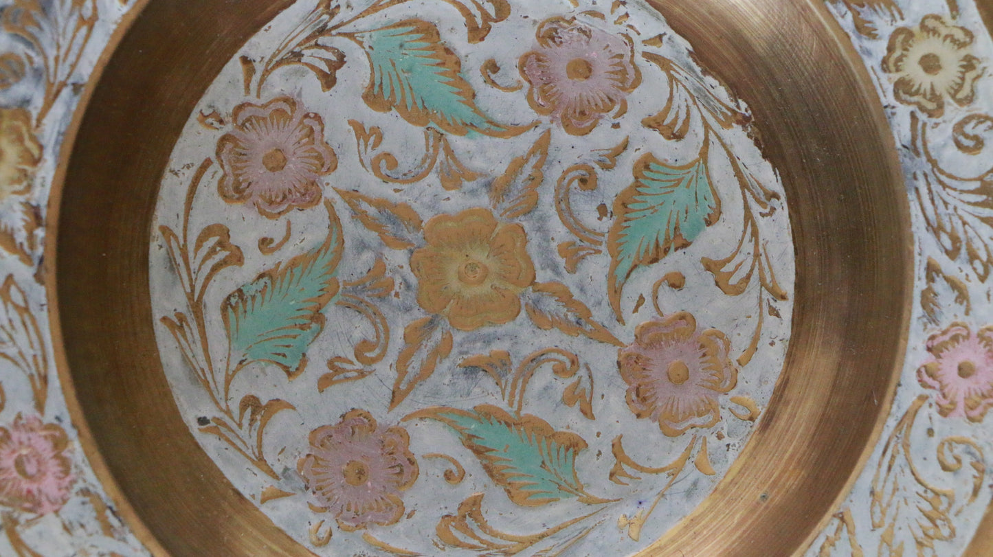 Vintage Indian Hand-Painted Brass Hanging Plate with Floral Motif