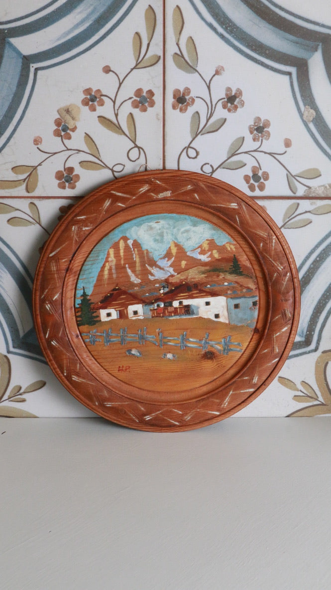 Vintage Hand-Painted Tyrolean Wooden Plate – Rustic Mountain Scene