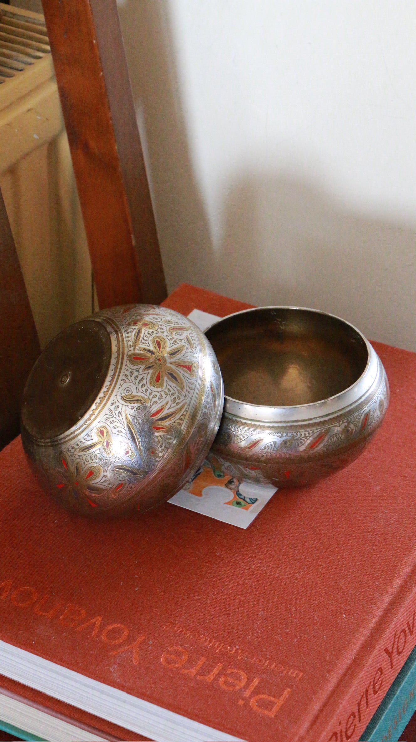 2x Vintage Hand‑Engraved Indian Brass Bowl