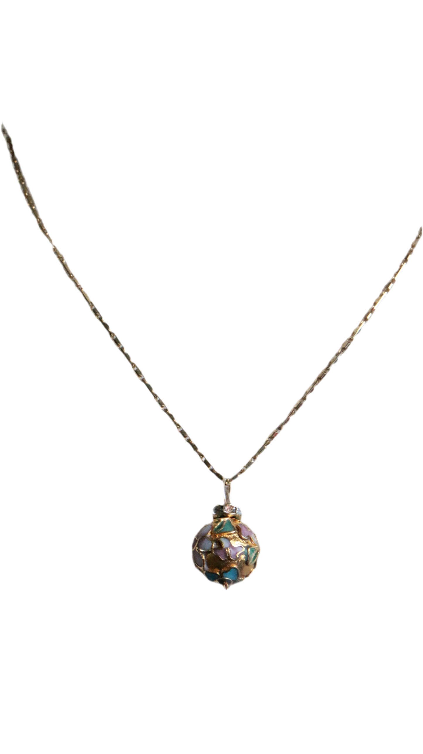 Vintage Enamel Handpainted Floral Globe Gilded Sterling Silver Necklace