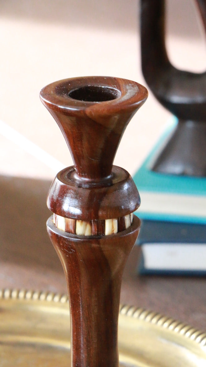 RARE Handcrafted Wooden & Porcupine Quill Inlay Candleholders – Pair