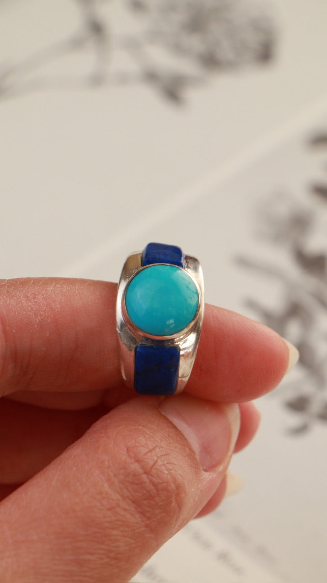 Navajo Sterling Silver Ring with Turquoise & Lapis – Signed Silver Cloud